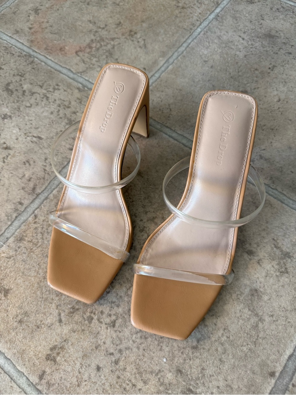 Clear Strap Tan Square-Toe Heels by